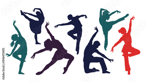 Dynamic set of diverse dancers in various ballet and contemporary poses, depicted as colorful silhouettes.