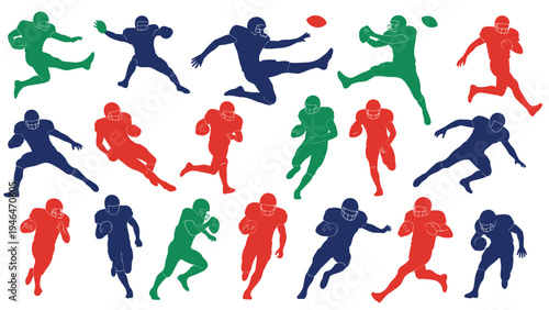 Extensive collection of colorful American football players in various dynamic action poses, depicting sports competition.