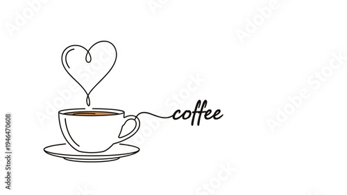 Minimalist continuous one-line drawing of a steaming coffee cup with a heart-shaped steam and the word "coffee."