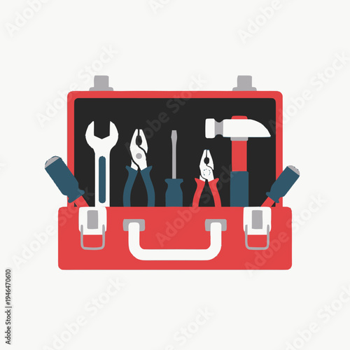 Organized red toolbox showcasing essential hand tools wrench, hammer, pliers, and screwdrivers, ready for repair, maintenance, and construction projects
