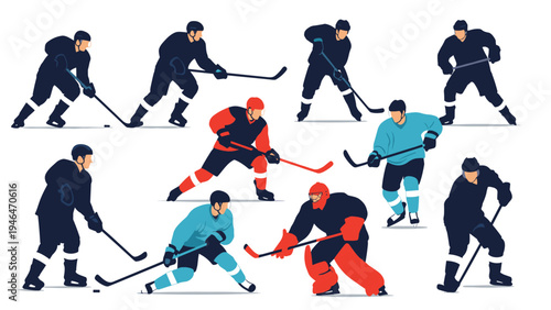 Dynamic set of diverse ice hockey players in action, skating and shooting, depicting competitive sports.