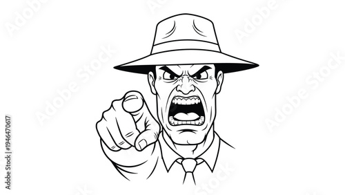 Angry man in a fedora hat with a furious expression, pointing his finger directly at the viewer, in a vintage style.