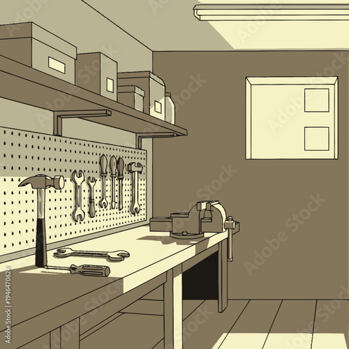 A realistic illustration of a well-equipped workshop bench with tools, vise, and storage, bathed in warm, natural light