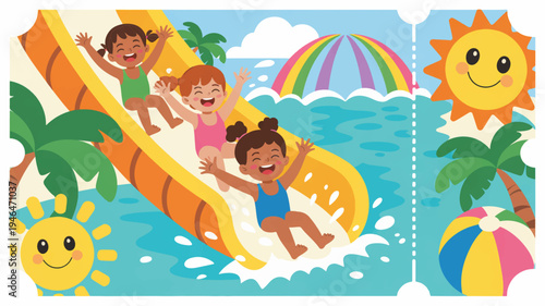 Diverse kids having fun on a colorful water slide at a sunny summer water park with palm trees and beach balls