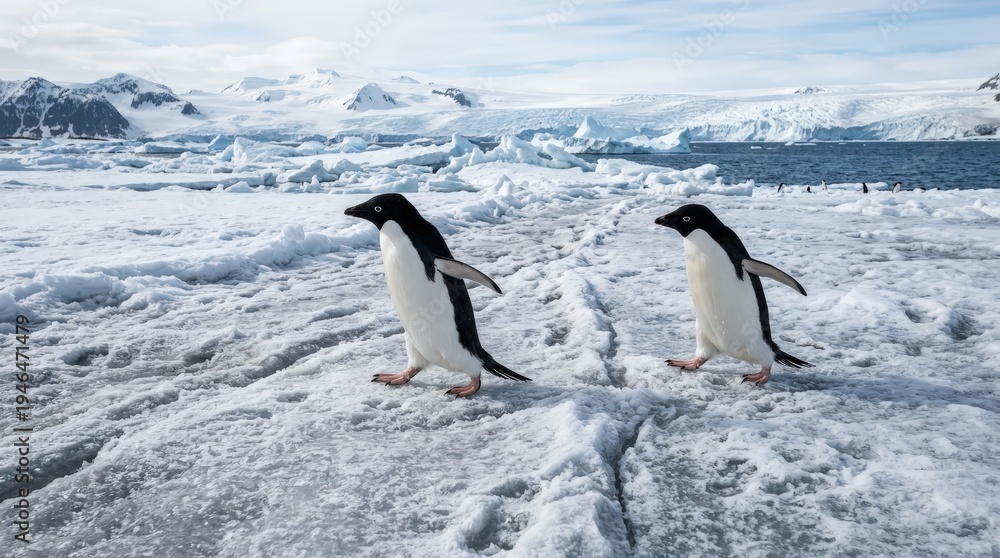Fototapeta premium Two Adélie Penguins Walking Across a Snowy Antarctic Landscape with Icebergs in Background