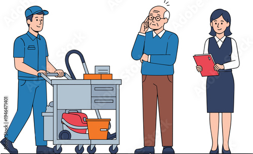 Cleaning Service Worker with Equipment Cart Talking to Clients Illustration Professional Janitor Maintenance Service and Facility Management Concept