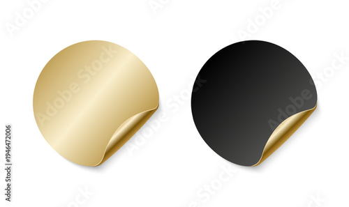Gold and black glued round stickers with curled corner, glossy adhesive labels isolated on white background, premium badge design elements for branding, packaging, promotions, and product highlights