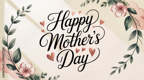 Beautiful happy mother's day calligraphy artwork with floral wreath and hearts on beige background