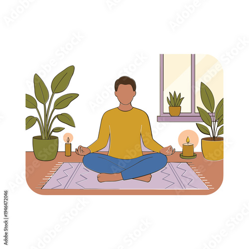 A man meditates peacefully on a yoga mat in a serene room with plants and candles.