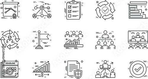 Business Process Management and Workflow Optimization Line Icons Set with Strategy Planning Teamwork and Performance Vector