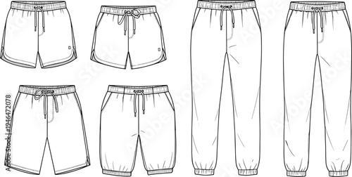 Men sports shorts jogger pants technical flat sketch, activewear fashion design template, casual wear vector illustration, clothing design