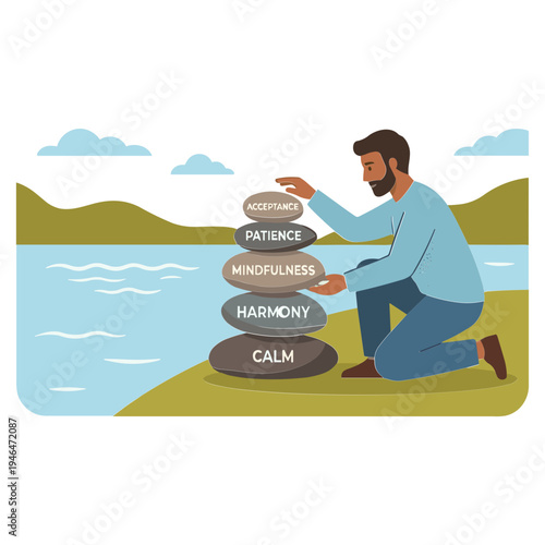 Man building stone balance on shore near lake with mindful words