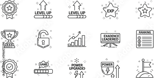 Gamification Achievement and Level Up Line Icons Set with Experience Points Ranking Trophy and Power Upgrade Vector