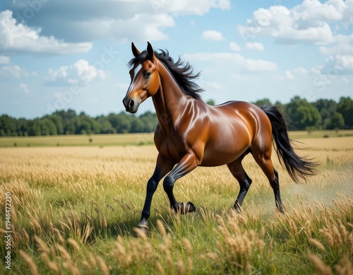 Majestic brown horse galloping through golden grass field under a clear blue sky