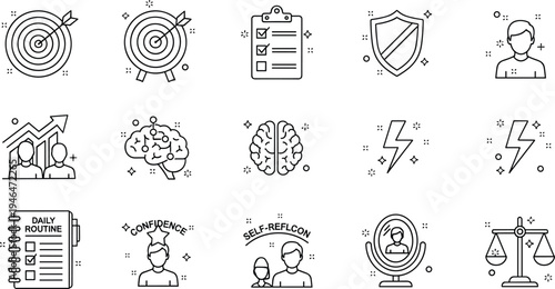 Personal Development and Self Improvement Line Icons Set with Goals Brain Confidence Routine and Balance Vector