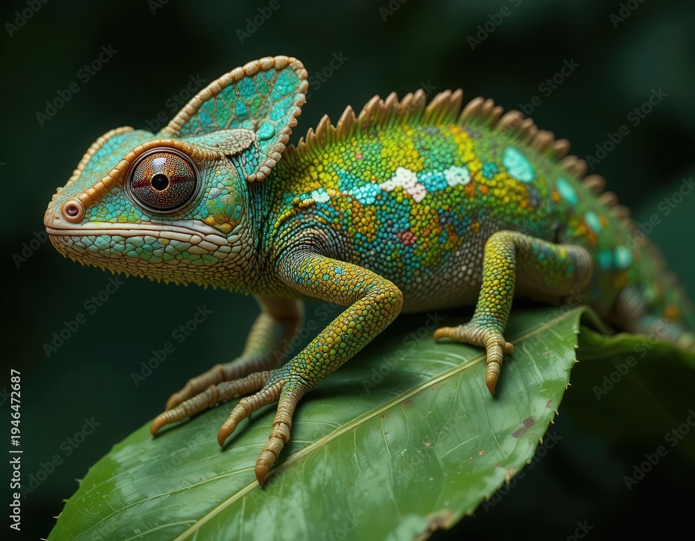 Obraz premium Colorful Chameleon Perched on Leaf in Lush Green Environment with Detailed Scales and Texture