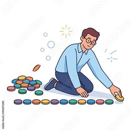 Man sitting on floor organizing colorful discs in a line