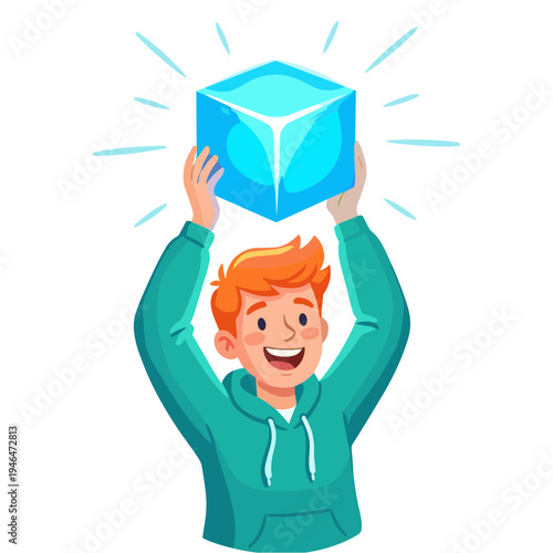 A cartoon boy excitedly holds up a glowing blue cube outside.