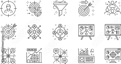 Marketing Funnel and Customer Targeting Line Icons Set with Audience Segmentation Analytics Strategy and Business Growth Vector