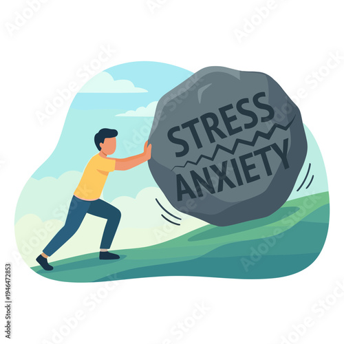 Man struggles with large stress anxiety boulder on green hill