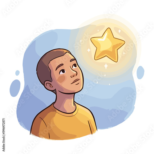 A young man looks up at a shining yellow star in the night sky with wonder.