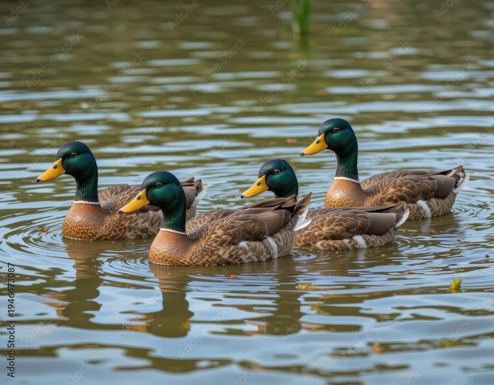 Obraz premium Four Mallard Ducks Swimming Calmly in a Serene Pond Surrounded by Nature's Beauty