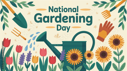 National gardening day illustration with watering can sunflowers and colorful flowers
