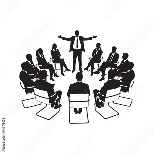 Business Meeting Presentation With Team Leader and Group Sitting in Circle
