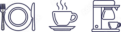 Kitchen and coffee line icons set, plate fork knife, hot coffee cup, coffee maker machine, cafe beverage equipment vector