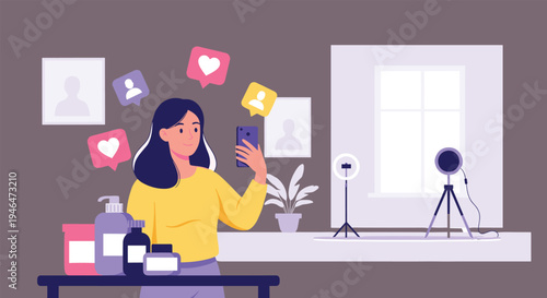 Beauty Influencer Recording Skincare Product Review Video Using Smartphone and Professional Lighting Equipment for Social Media Content Marketing, Vlogging, and Digital Brand Promotion