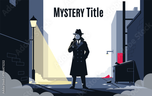 Mysterious Detective in Trench Coat and Hat Holding Magnifying Glass in Dark City Alleyway for Thriller Book Covers, Noir Investigations, and Crime Scene Designs