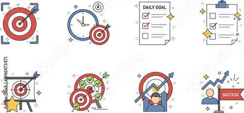 Goal Achievement and Productivity Icons Set with Target Checklist Time Management and Success Vector