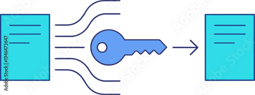 A blue key unlocks and transfers data from one digital document to another.