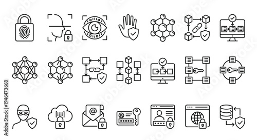 Cyber Security Data Protection and Biometric Authentication Icon Set.