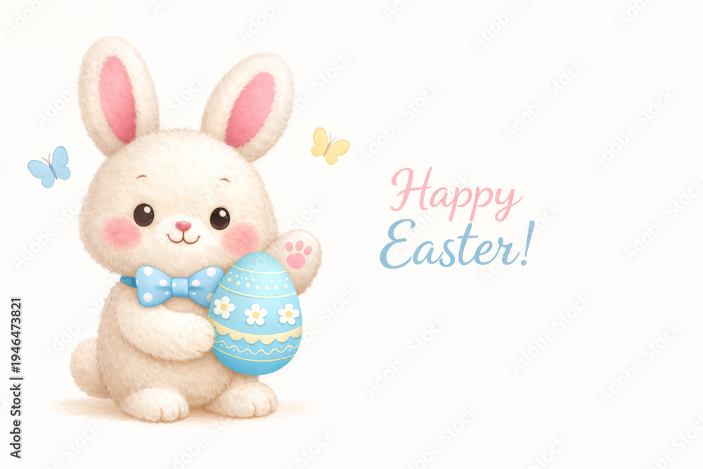 Obraz premium Easter bunny holding decorated egg, greeting card with butterflies and text, holiday illustration.