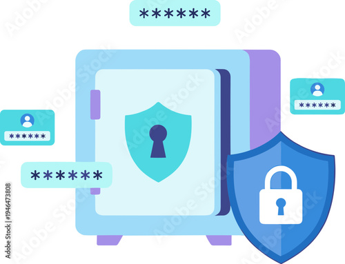 A secure safe with a shield and lock protects login credentials and passwords.