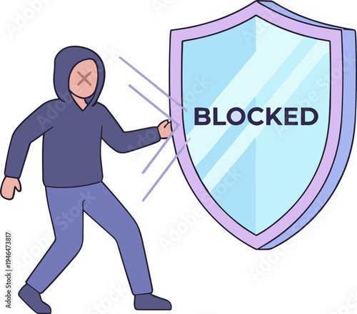 A person wearing a hoodie tries to break through a shield with blocked text.