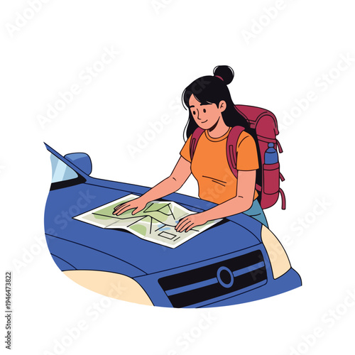 A woman with a backpack studies a map on a car's hood