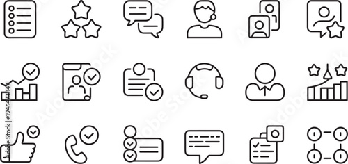 Collection of business and communication icons with checkmarks and stars