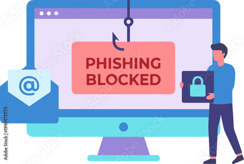 A person blocks phishing on a computer screen with a padlock.
