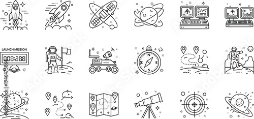 Space Exploration and Astronomy Line Icons Set with Rocket Satellite Planet Telescope and Astronaut Mission Vector