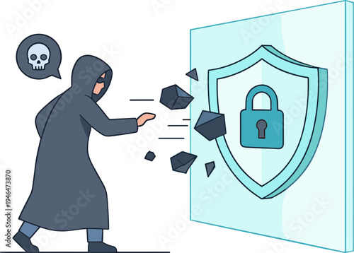Hacker attempts to breach security shield with malicious code and virus.