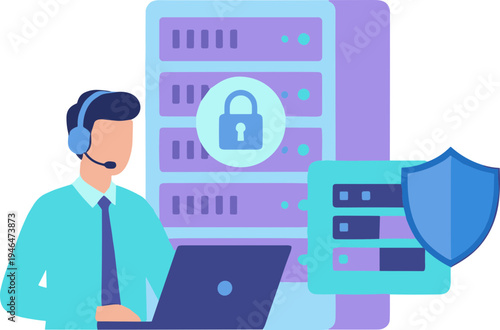 A man in a headset works on a laptop beside a secure server with a shield and lock.