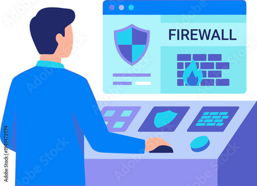 A man operates a computer with a firewall on the screen in an office.