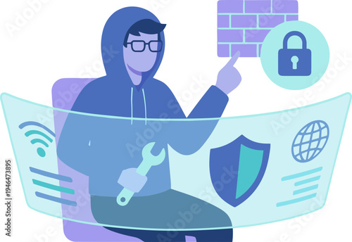 A hacker in a hoodie uses a wrench and points at a lock on a brick wall with a shield and network symbols.