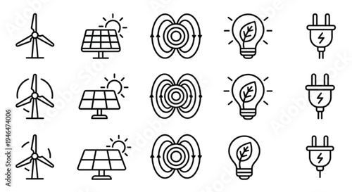 Renewable Green Energy and Sustainable Power Icon Set.
