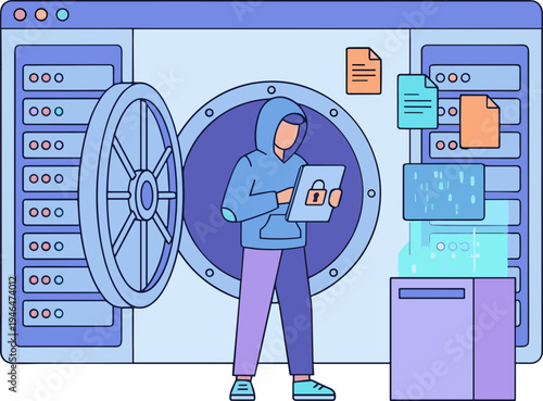 A person in a hoodie accesses a large server room with a laptop and files.