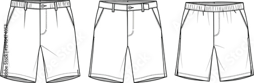 Men’s and women’s Bermuda shorts technical flat sketch vector template set with waistband, pleats, elastic waist, and pockets