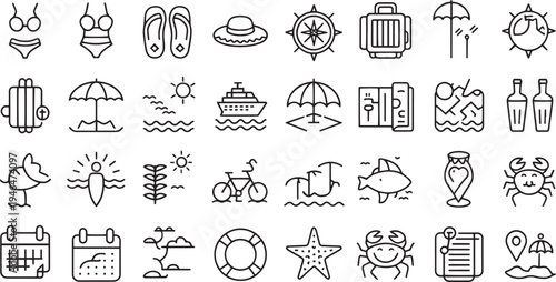 Collection of hand drawn summer vacation and travel icons isolated on transparent background