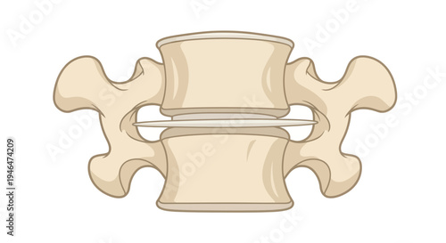 The image shows an illustration of a human spine with two vertebrae and a disc in between.